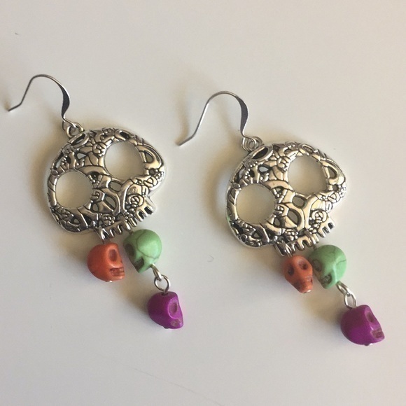 $10 Sale Metal Skull Chandelier Earrings 2.5” Boho Goth Rock Hand Crafted